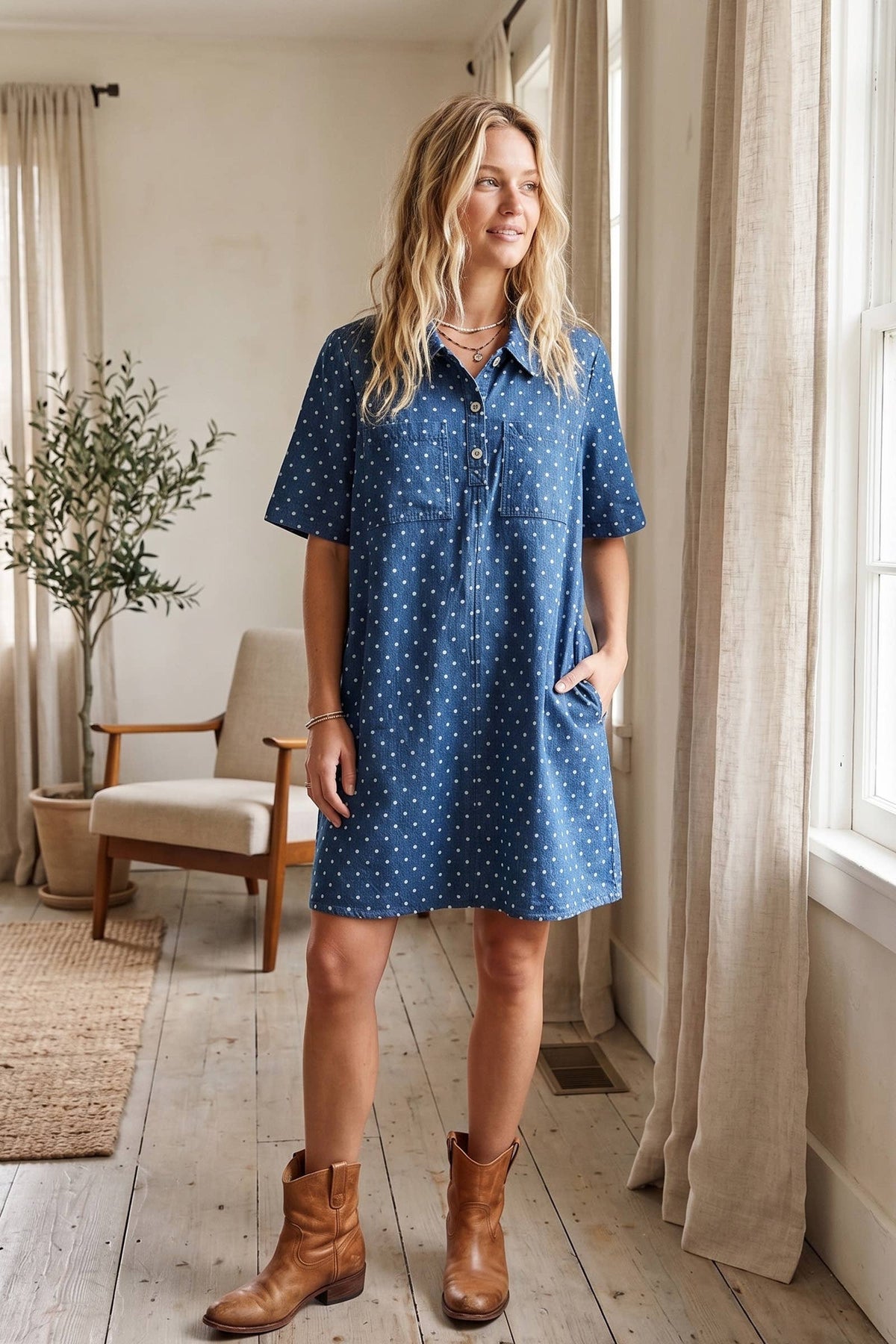 Polka Dot Denim Shirt Dress