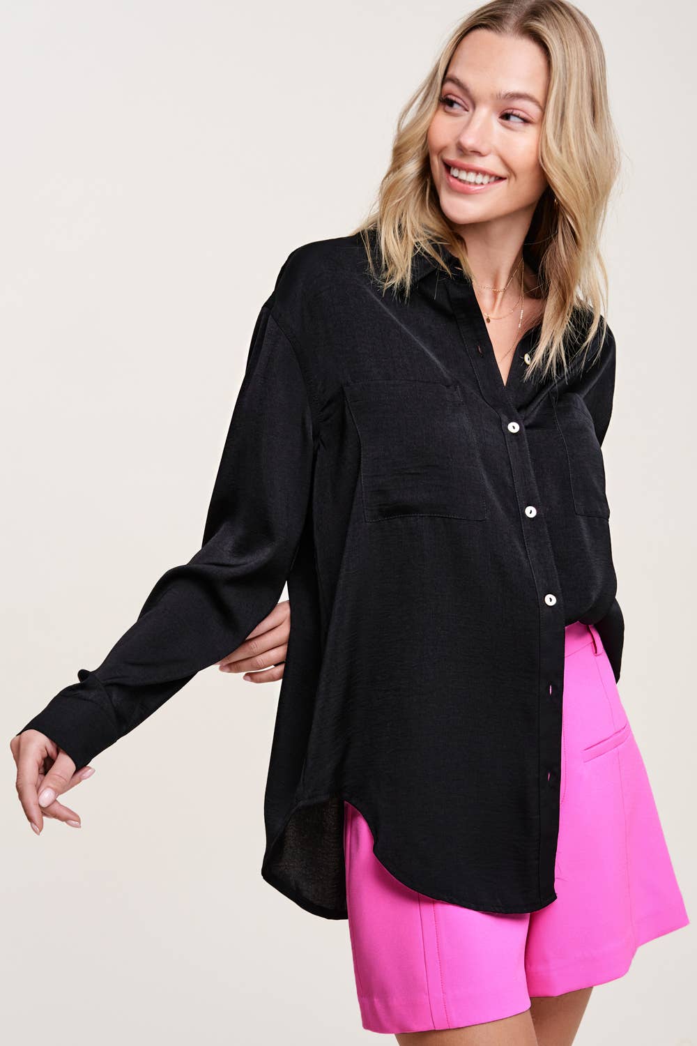 SRT7452-Silky and Flowy Button Down Long Sleeve Shirts