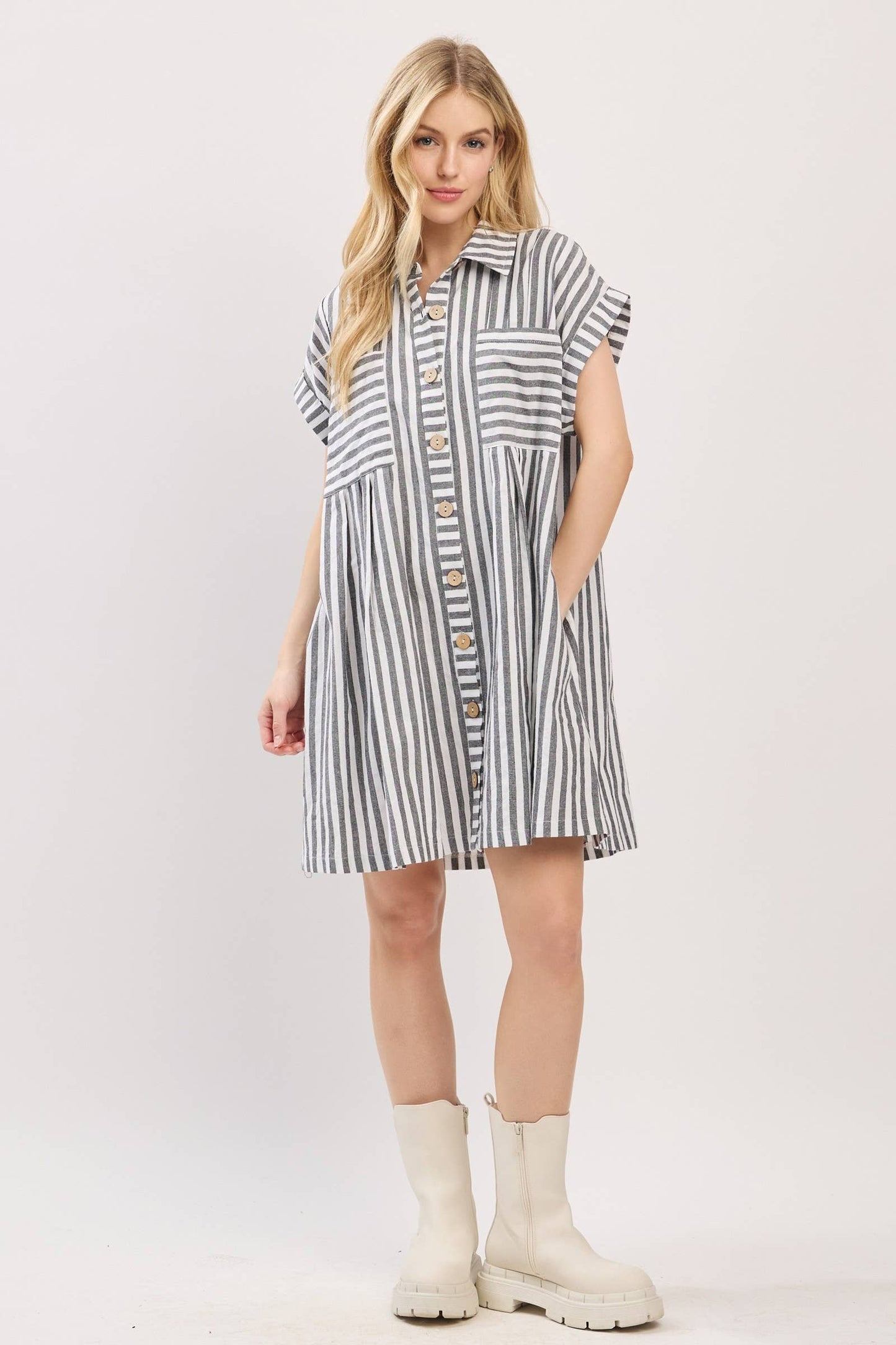 GAME DAY COTTON STRIPED BUTTON DOWN TUNIC DRESS