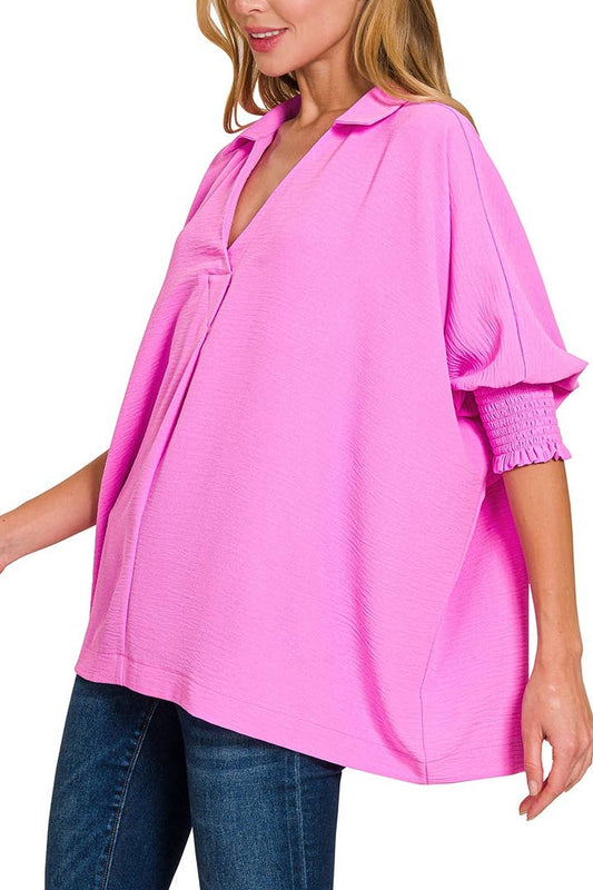 Air Flow Collar Tee With Smocked Sleeve Band Top