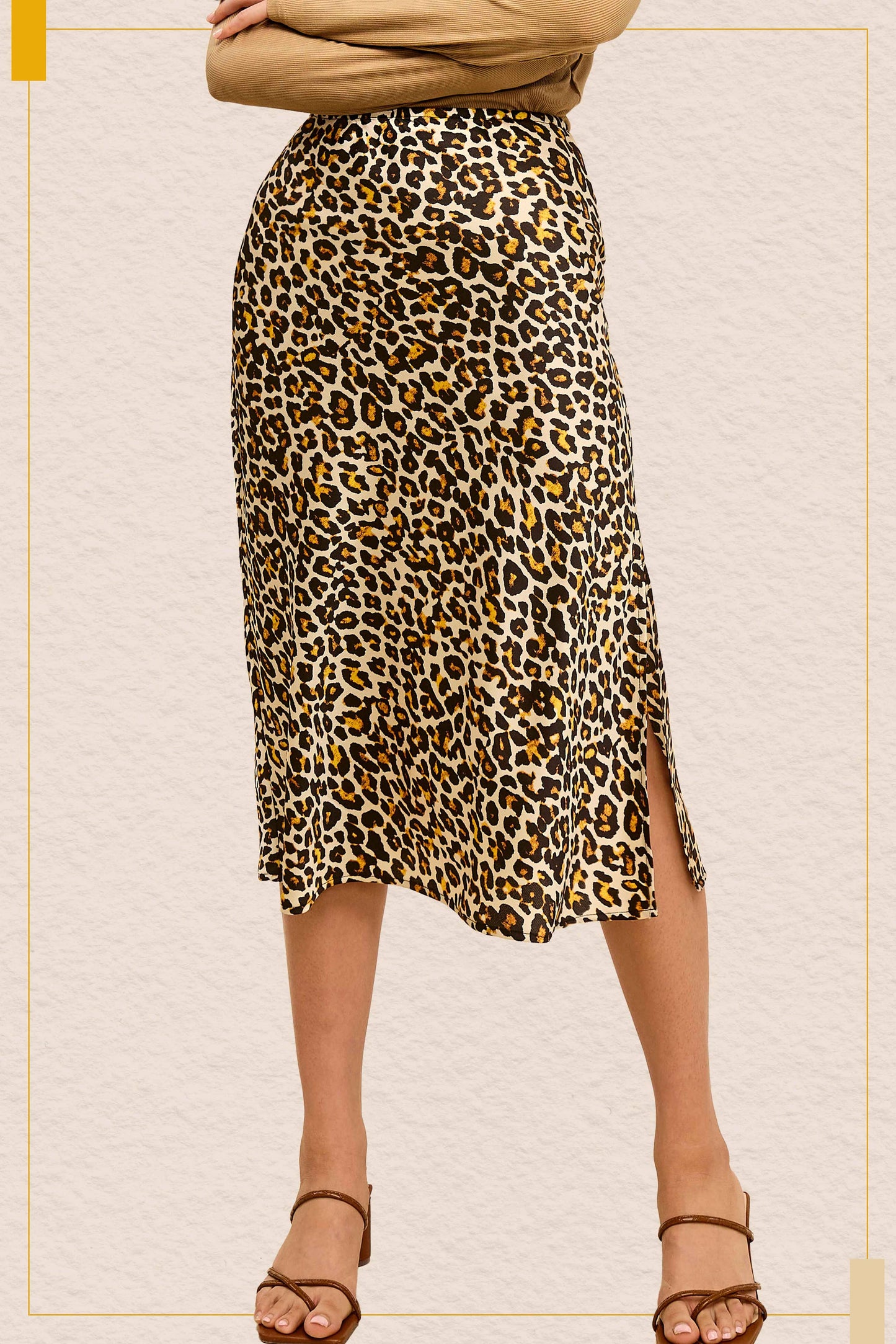 High-Waisted Midi Length Satin Effect Leopard Skirt