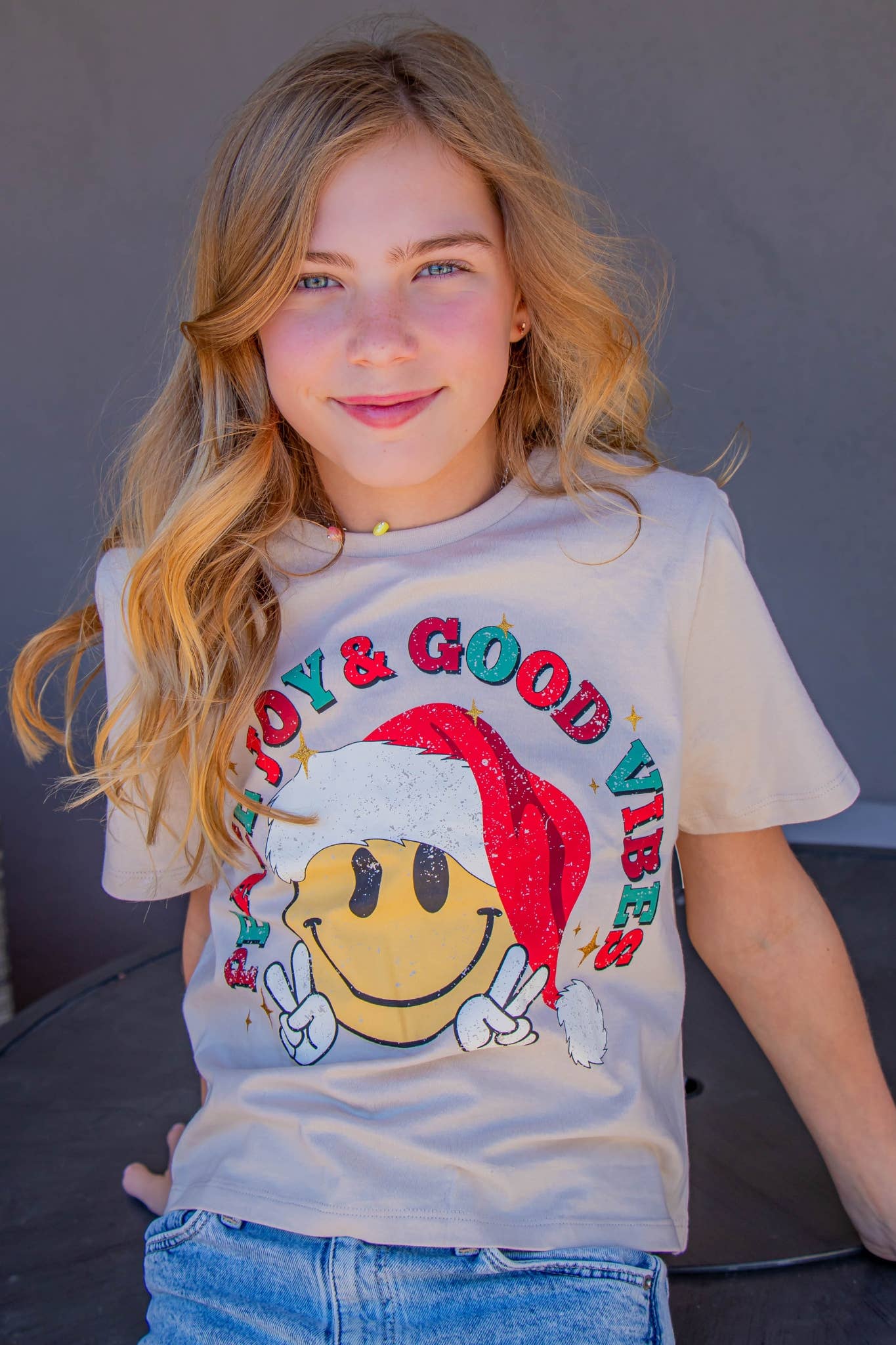 Peace joy and good vibes glitter graphic tee