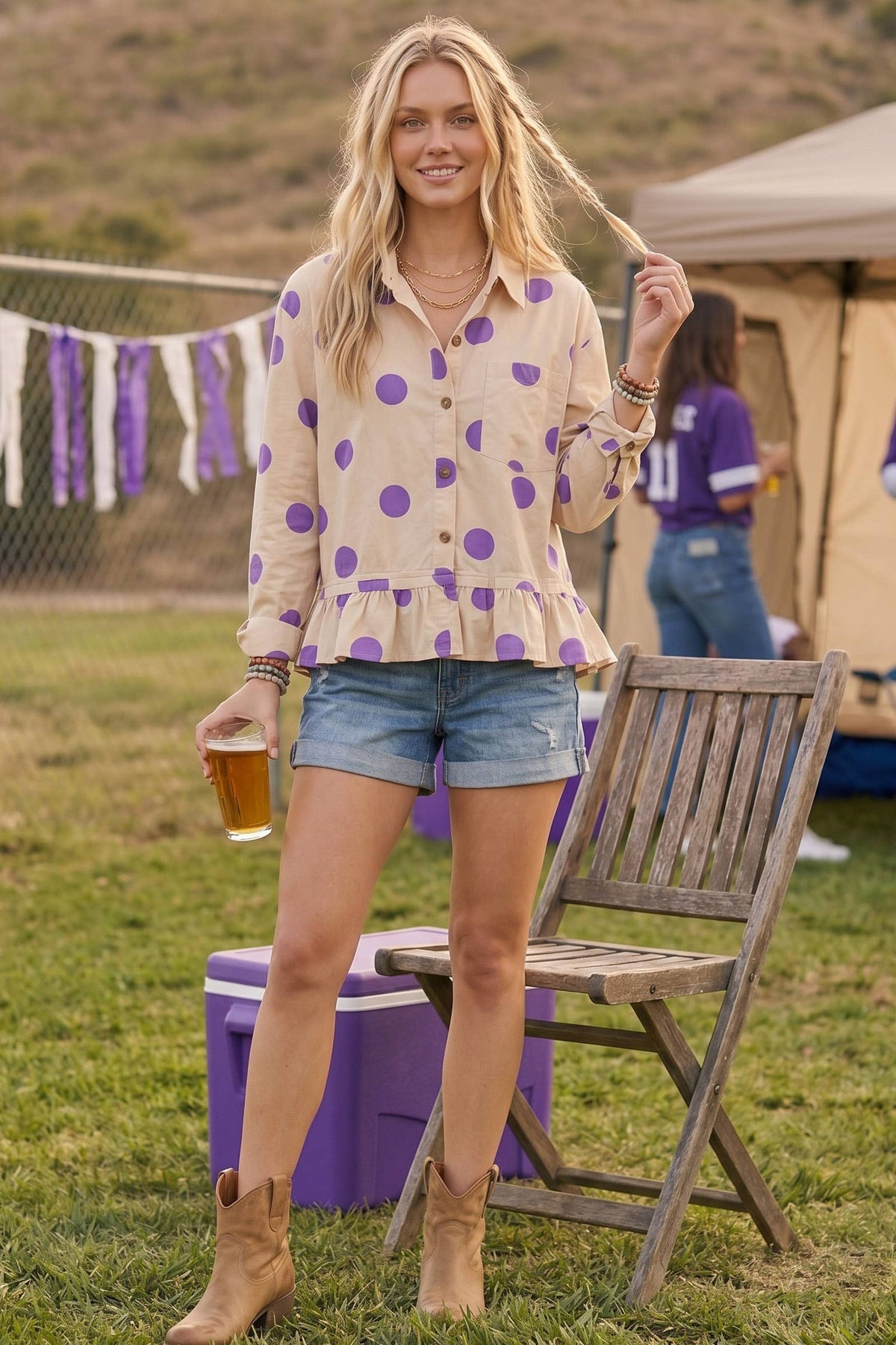 Polka Dot Ruffle Hem Long Sleeve Shirt