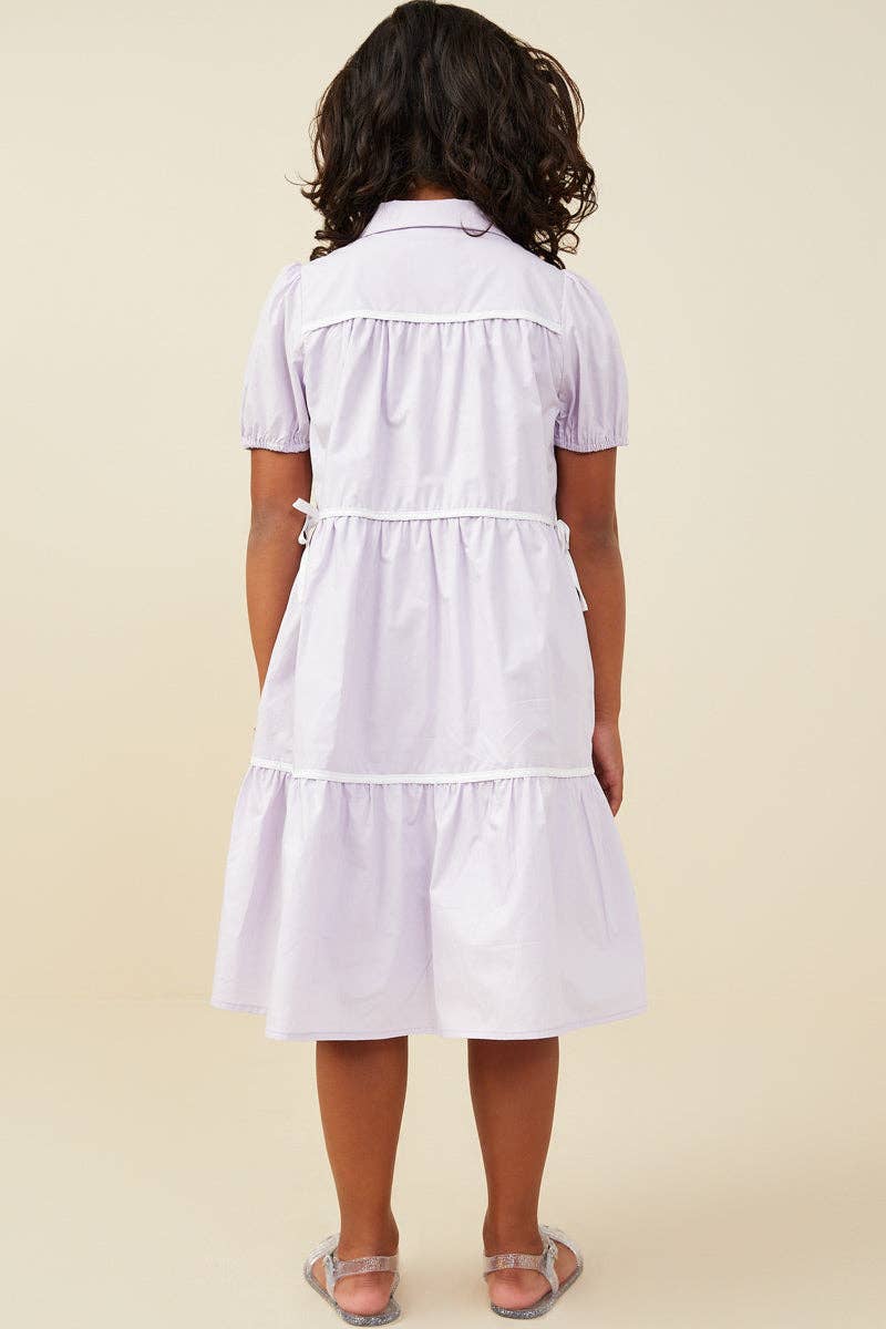 Girls Contrast Piping Ribbon Buttoned Dress