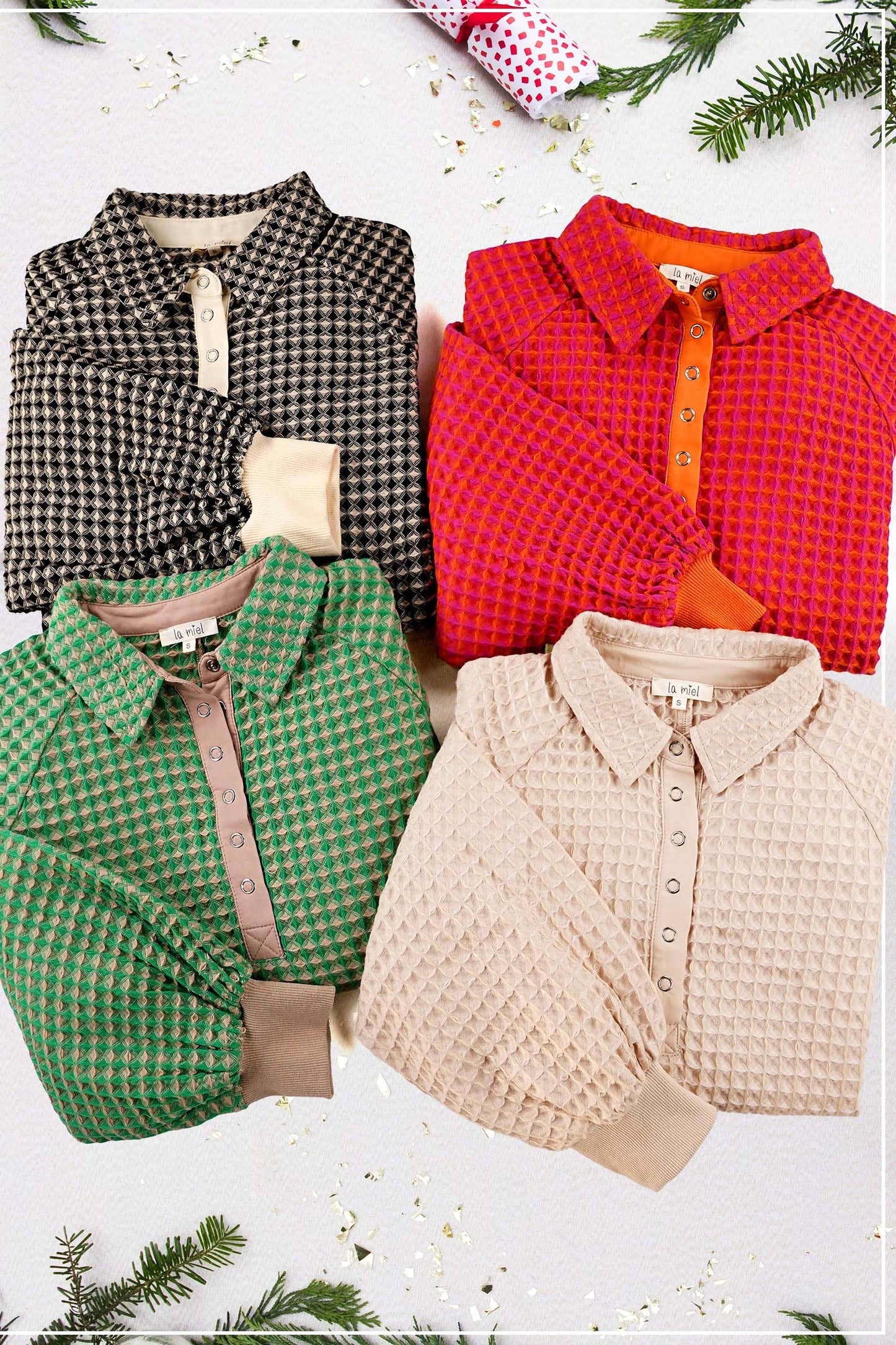 Unique Two Tone Textured Snap Button Front Top