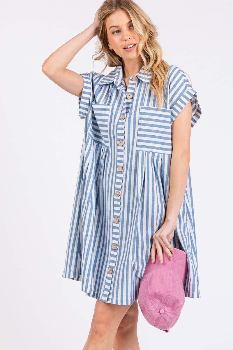 GAME DAY COTTON STRIPED BUTTON DOWN TUNIC DRESS