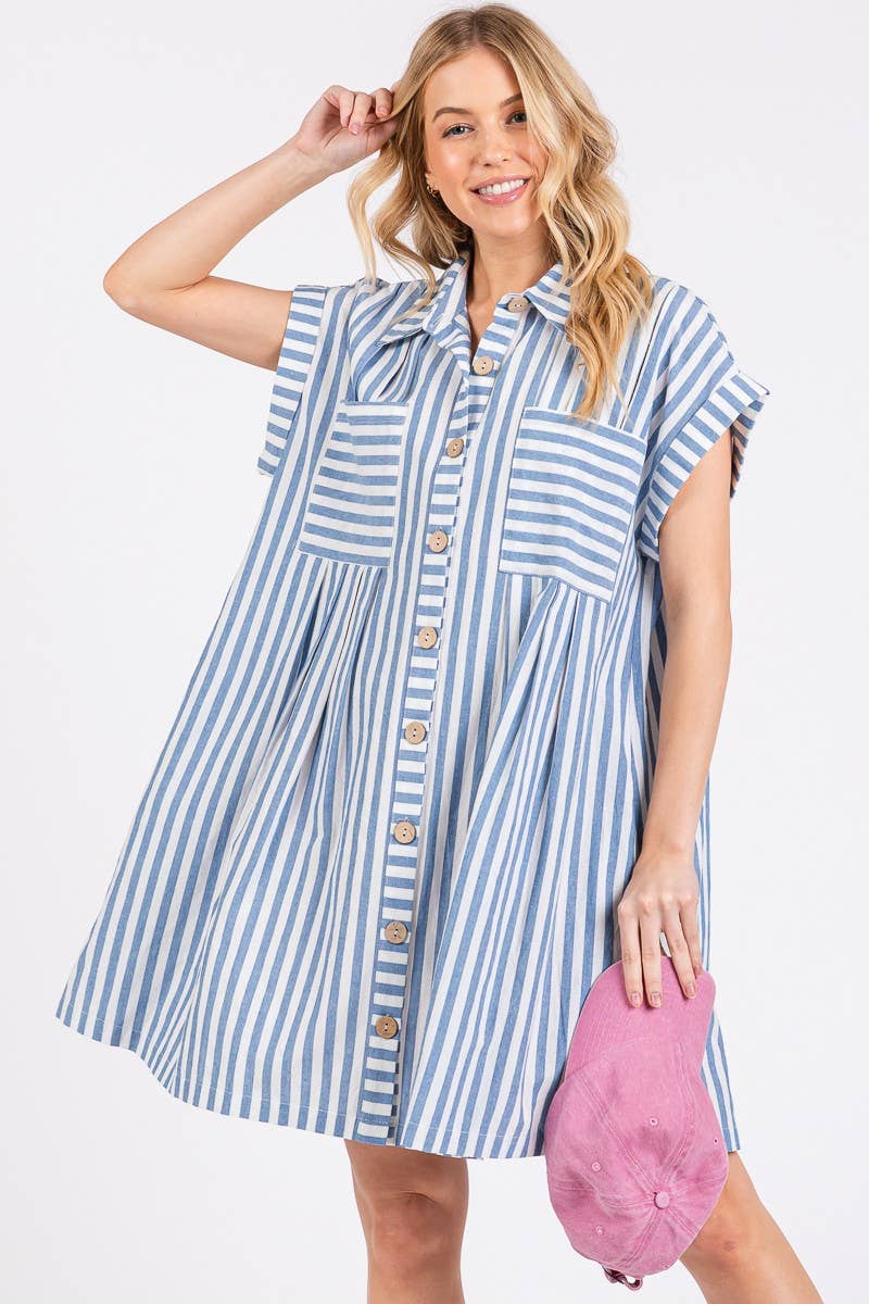 GAME DAY COTTON STRIPED BUTTON DOWN TUNIC DRESS