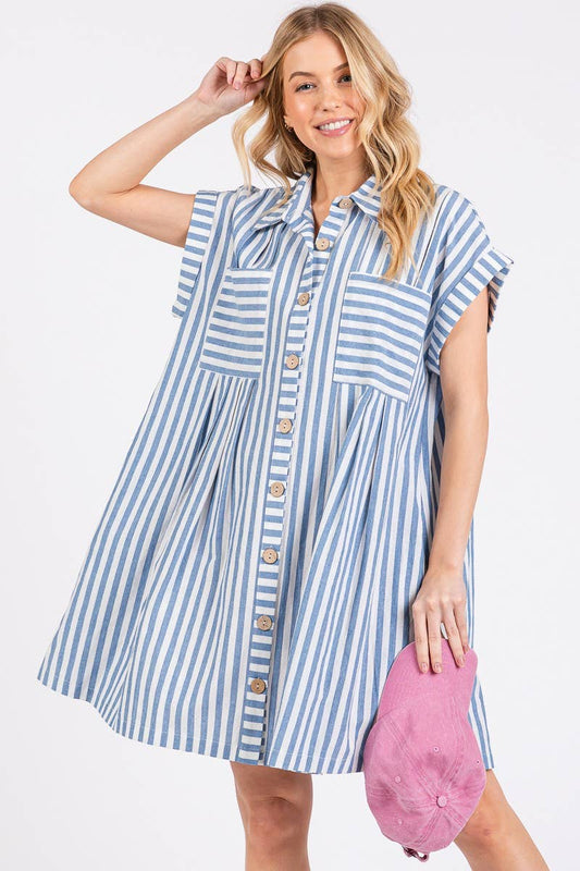 GAME DAY COTTON STRIPED BUTTON DOWN TUNIC DRESS