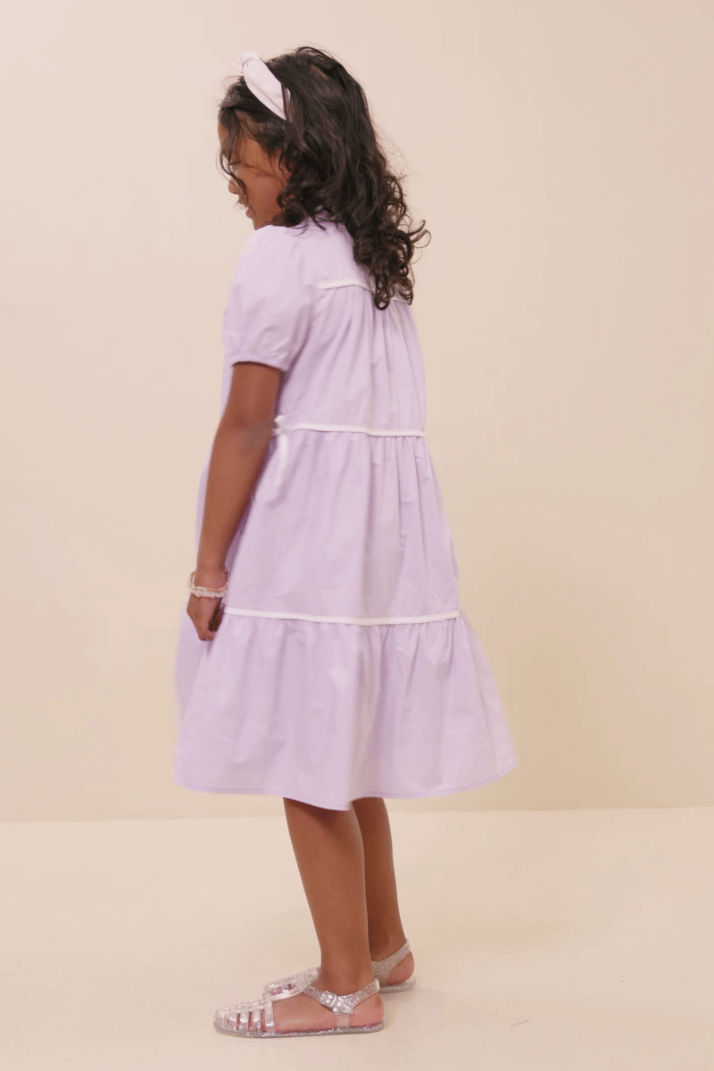Girls Contrast Piping Ribbon Buttoned Dress