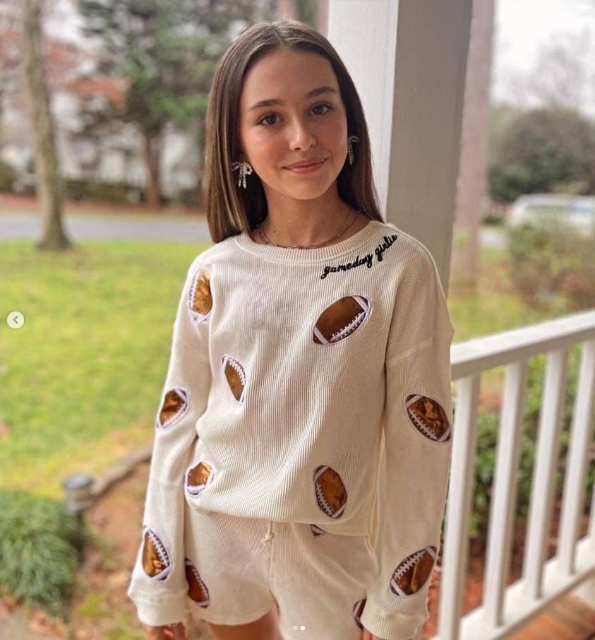 Game Day  all over applique football waffle long sleeve top
