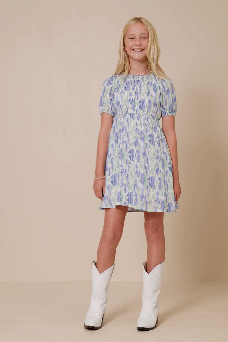 Girls Watercolor Floral Puff Sleeve Dress