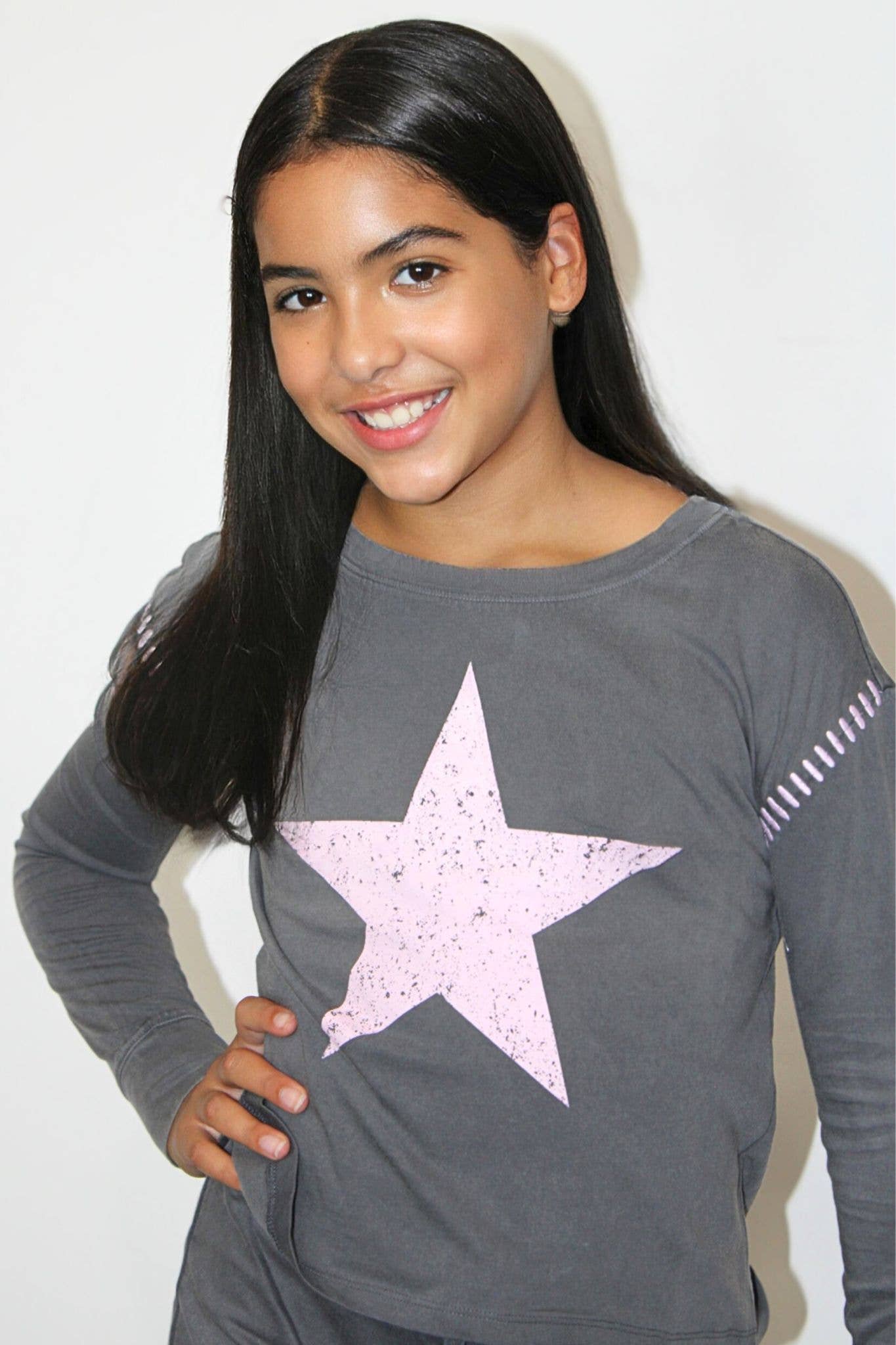 Long sleeve star washed top with embroidey stitch detail