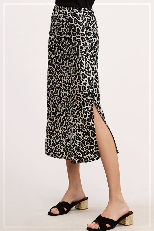 High-Waisted Midi Length Satin Effect Leopard Skirt