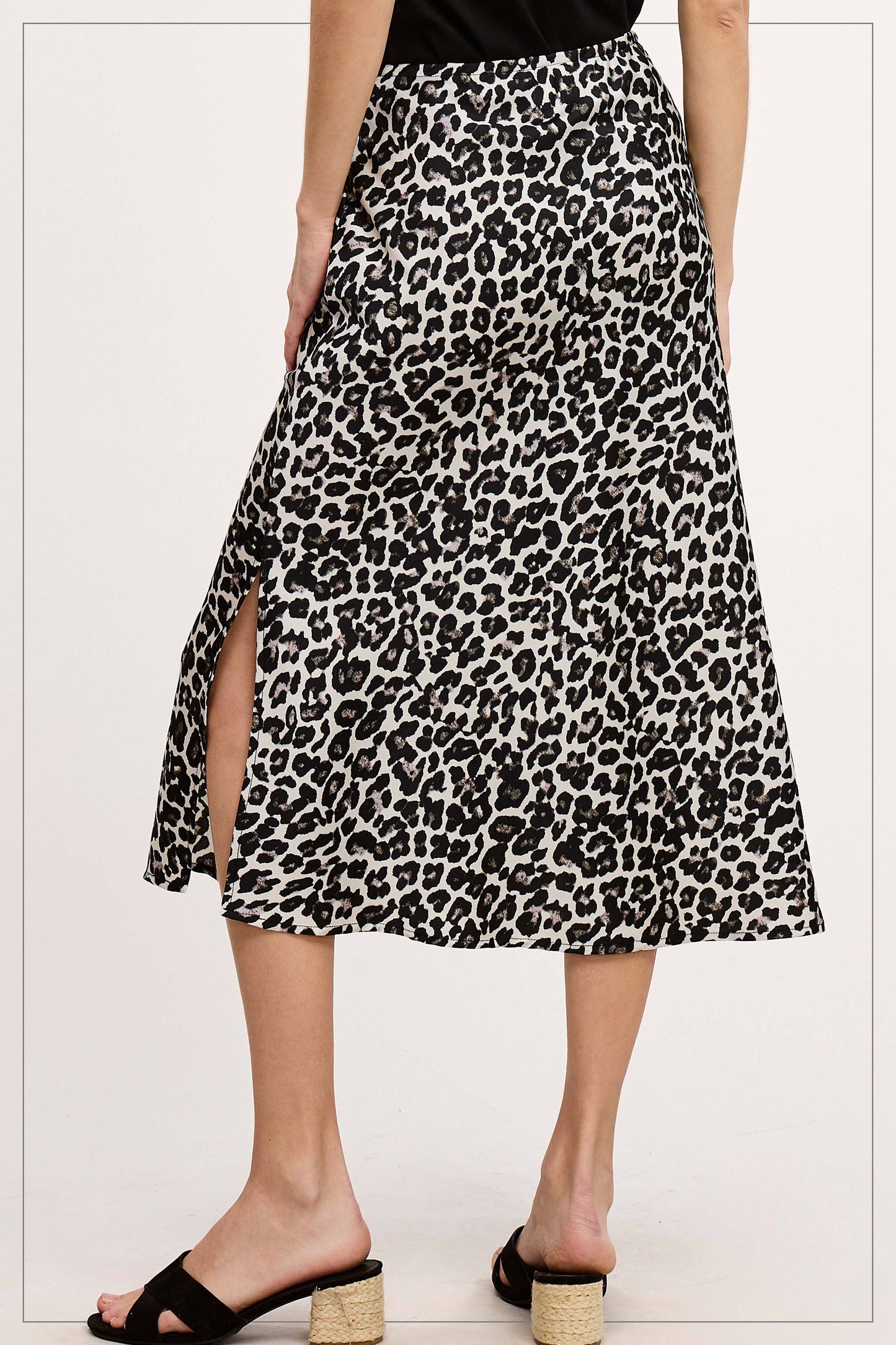 High-Waisted Midi Length Satin Effect Leopard Skirt