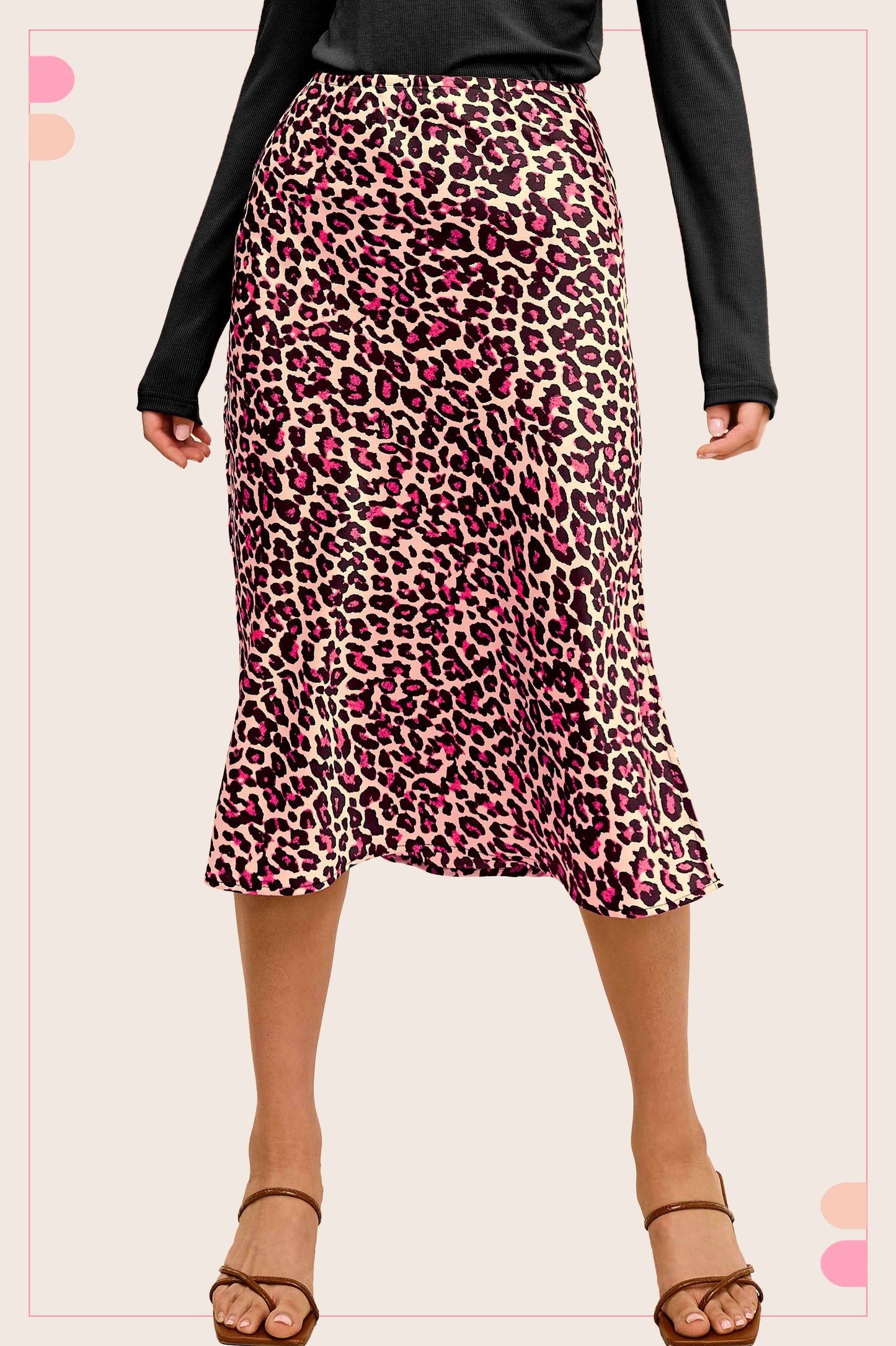 High-Waisted Midi Length Satin Effect Leopard Skirt