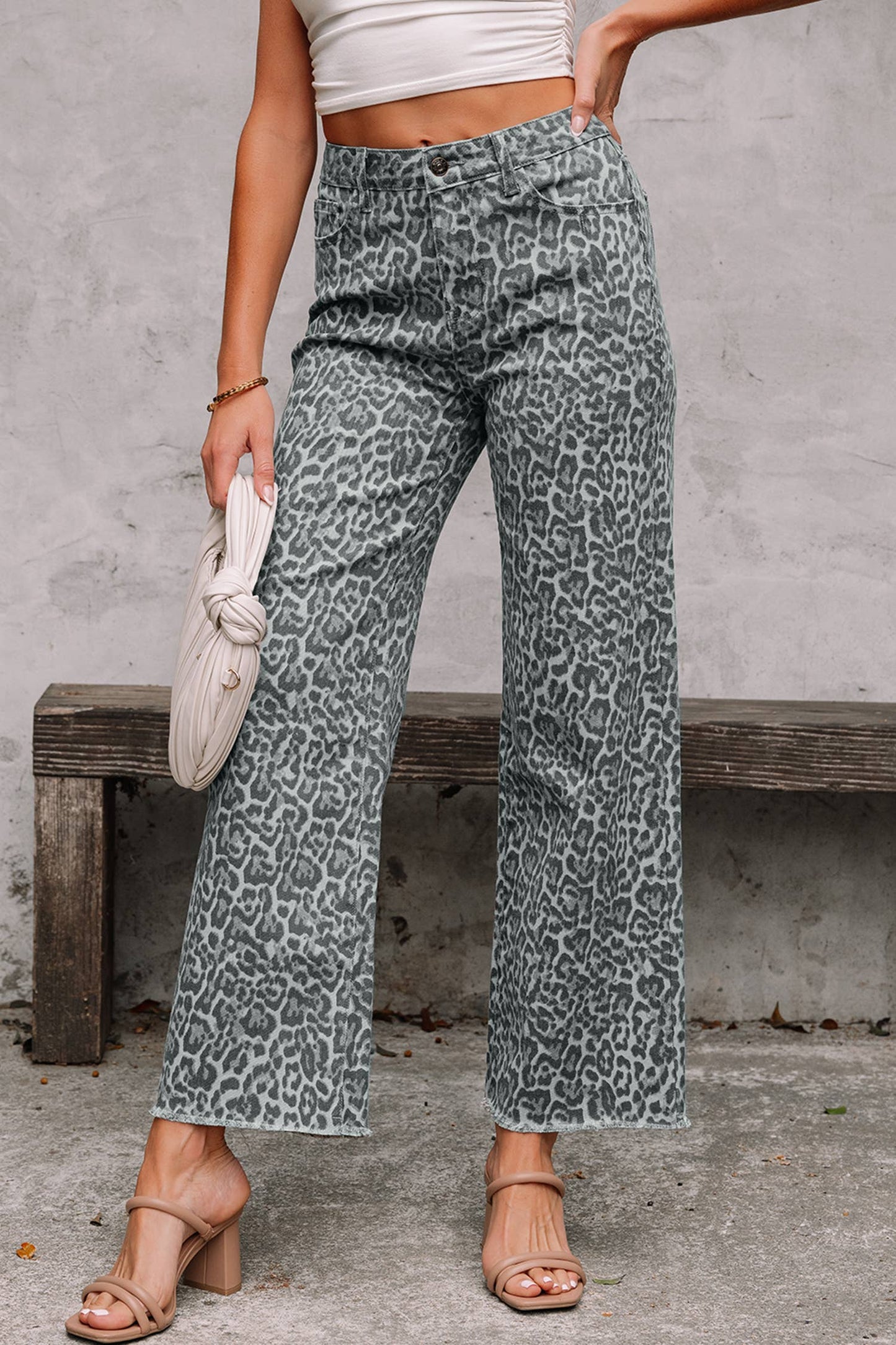 LAS Leopard Frayed Edge Wide Leg High Waist Jeans (4-16)