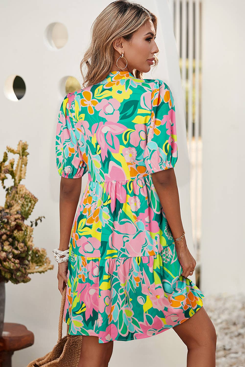 LDC Floral Puff Sleeve Collar Buttoned Babydoll Dress