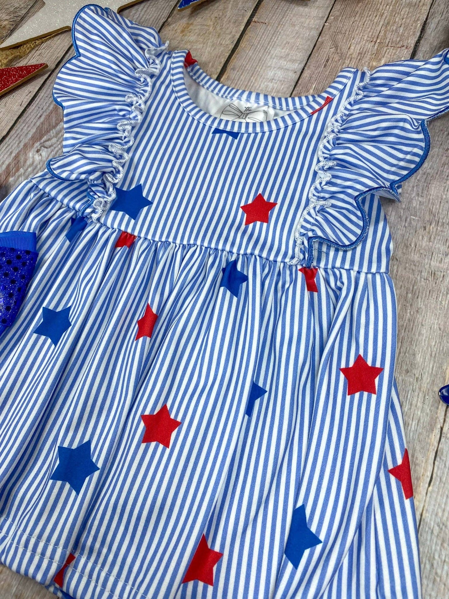 Blue Stripe Star Ruffle Shorts Set | Girls Patriotic Flutter Sleeve Outfit