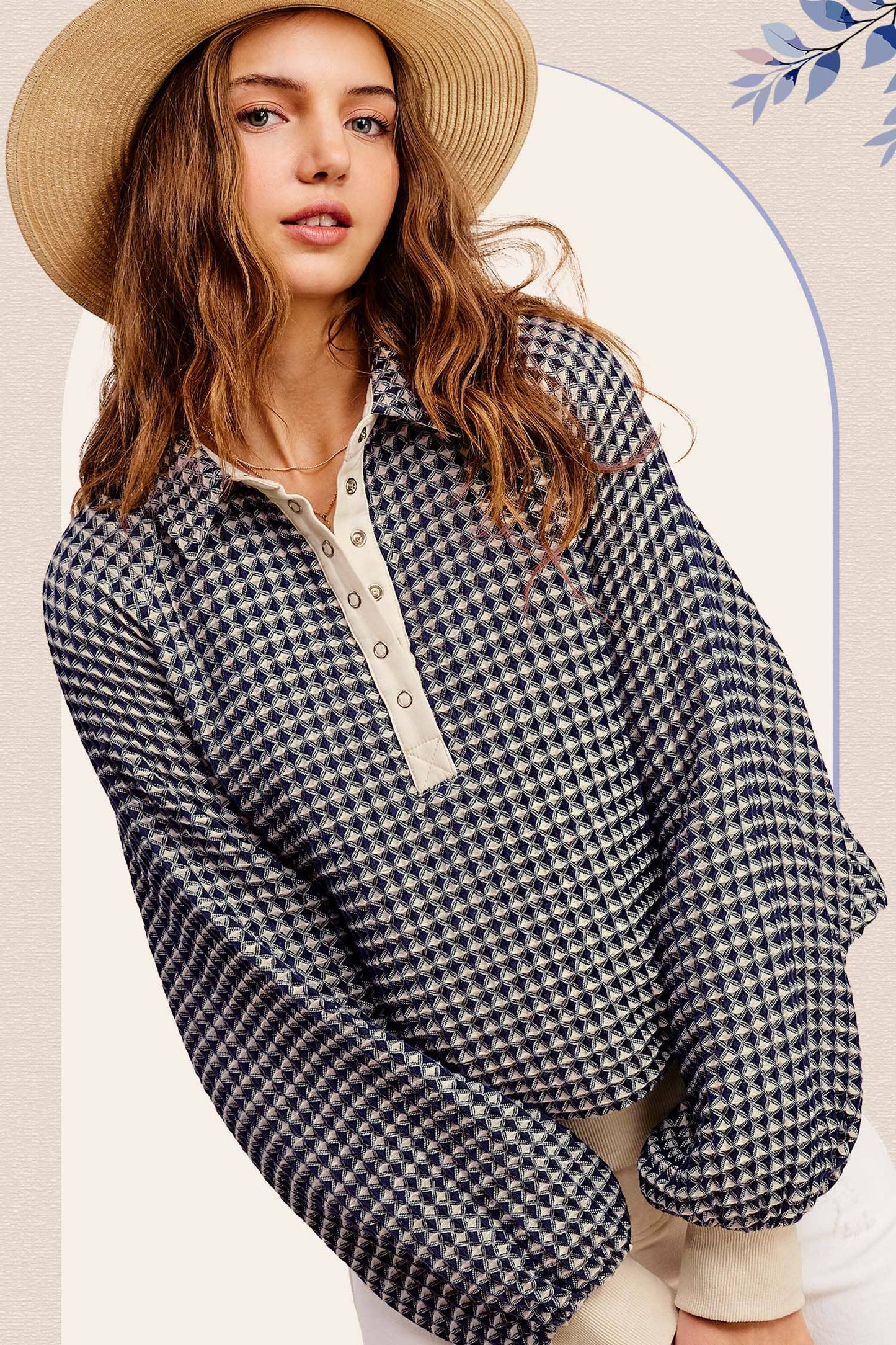 Unique Two Tone Textured Snap Button Front Top
