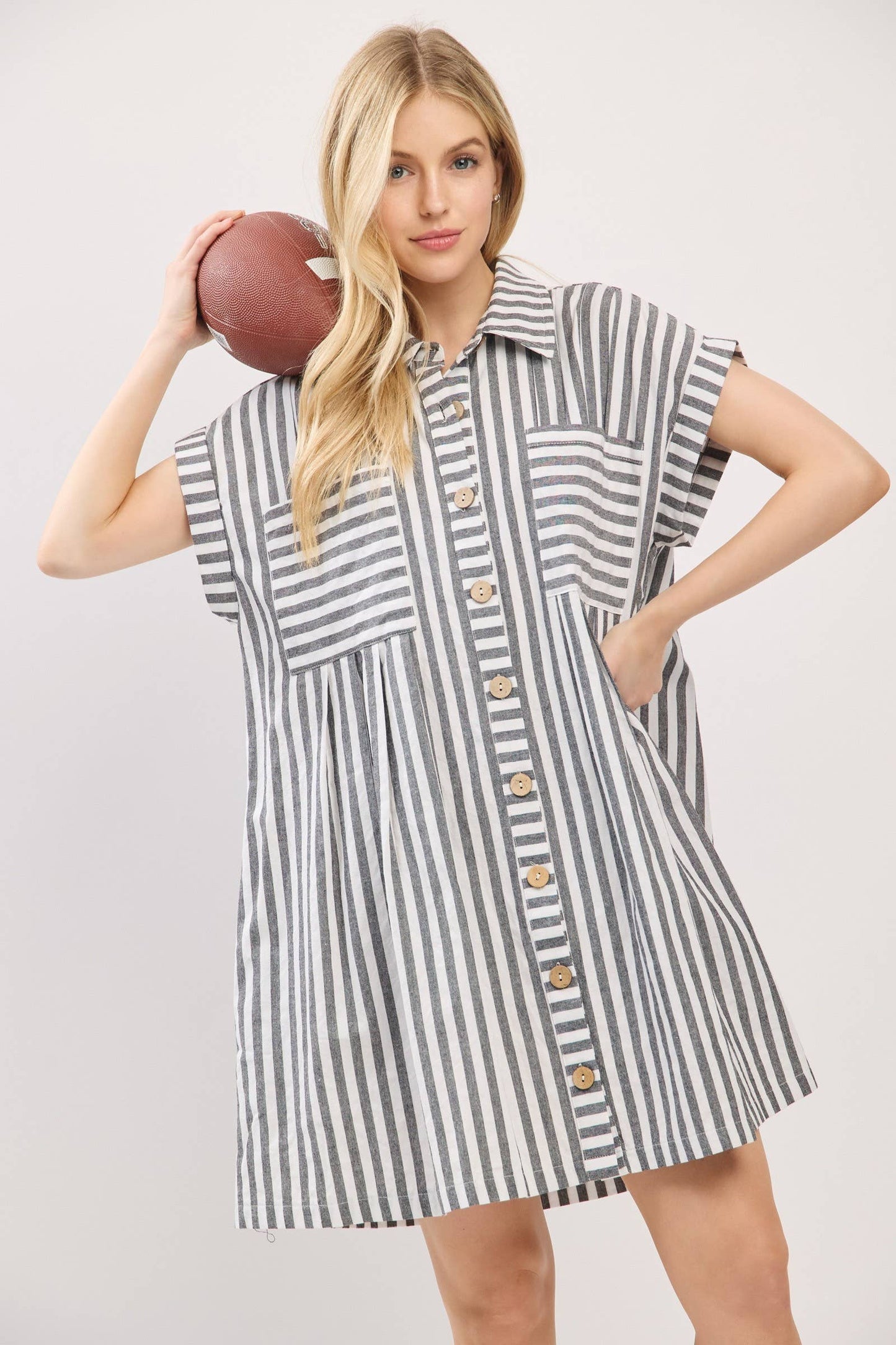 GAME DAY COTTON STRIPED BUTTON DOWN TUNIC DRESS