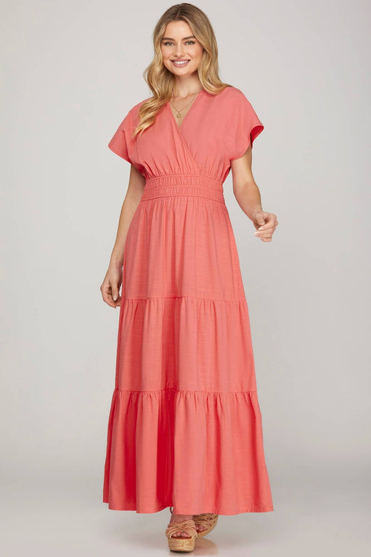 Dolman Sleeve Tiered Maxi Dress- Coral Pink
