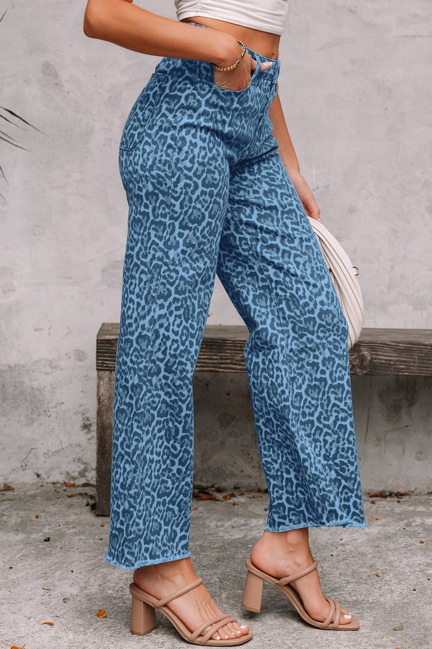LAS Leopard Frayed Edge Wide Leg High Waist Jeans (4-16)