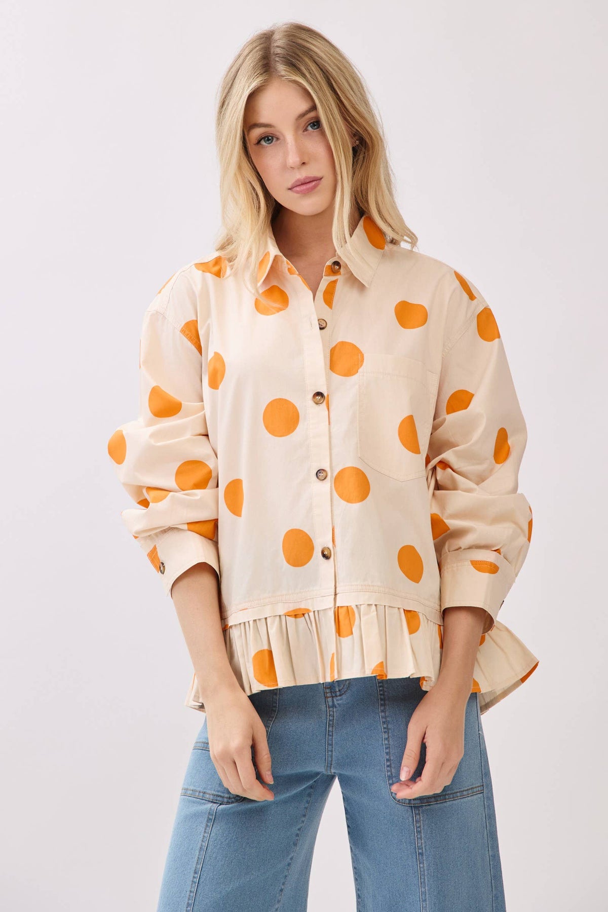 Polka Dot Ruffle Hem Long Sleeve Shirt