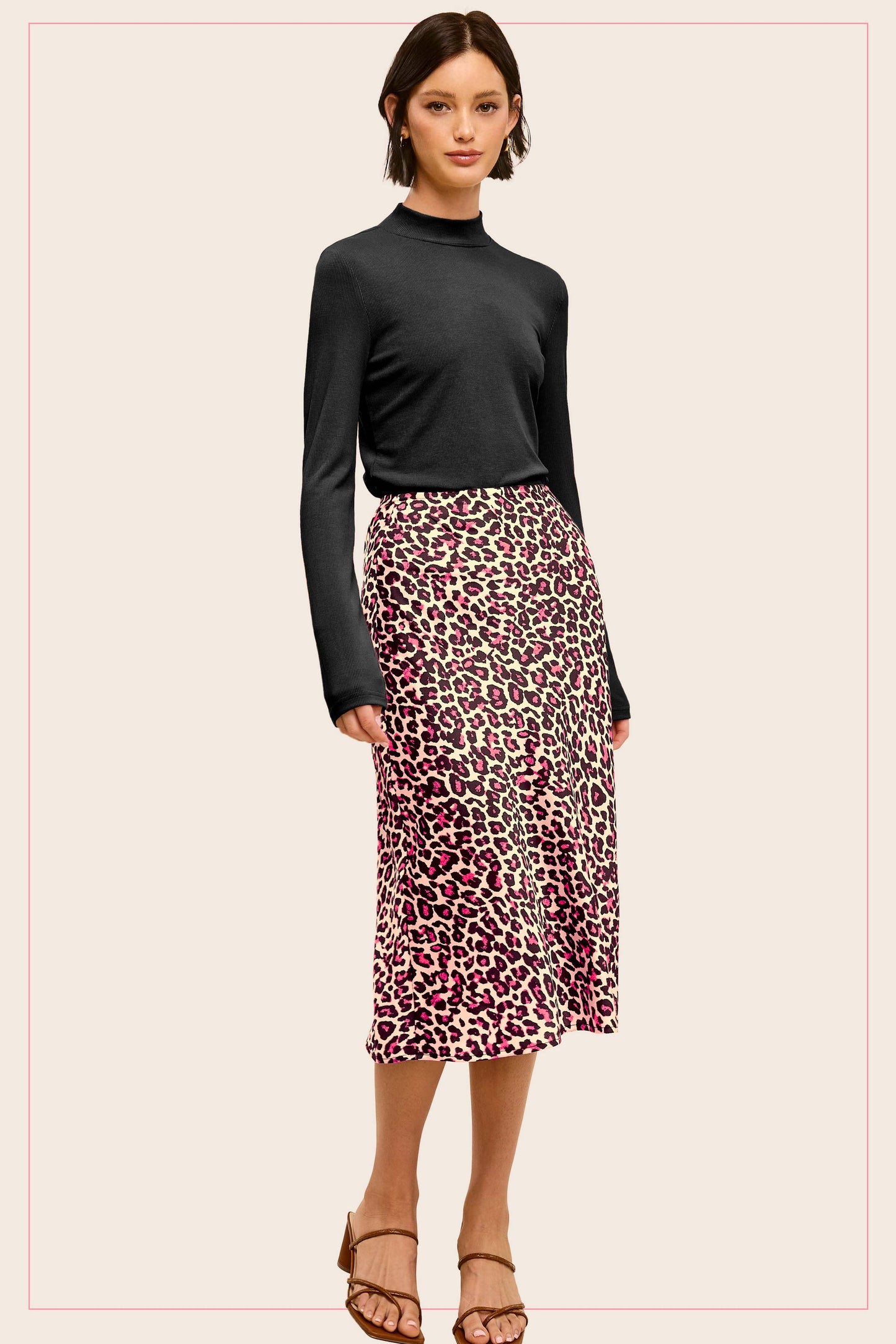 High-Waisted Midi Length Satin Effect Leopard Skirt