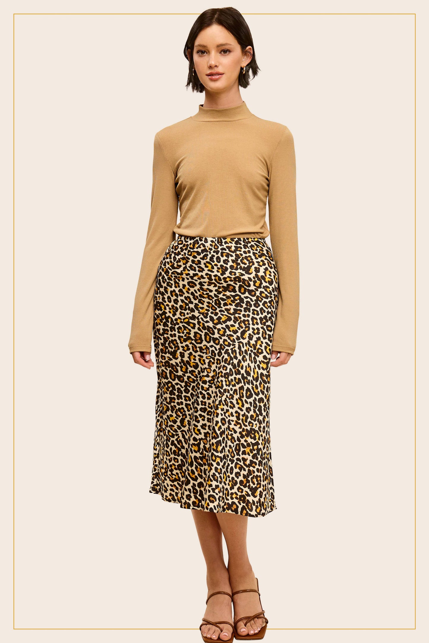 High-Waisted Midi Length Satin Effect Leopard Skirt