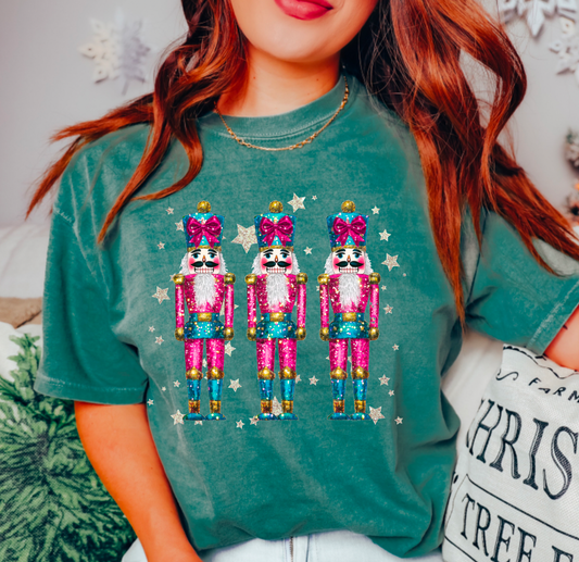 Preppy Faux Glitter Nutcrackers Graphic Tee Christmas     