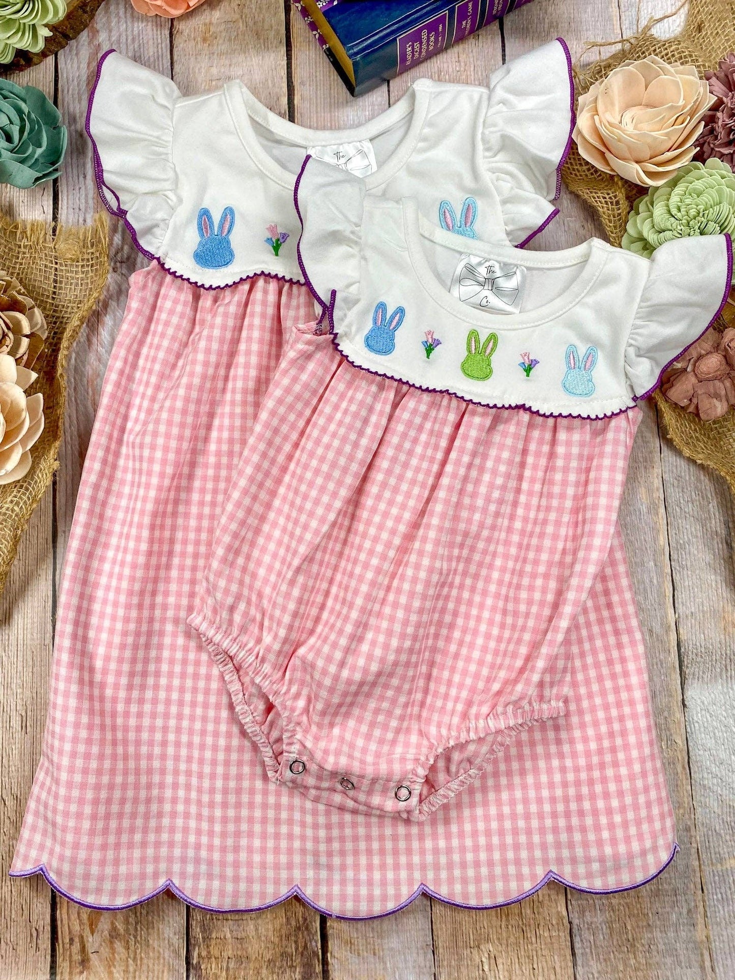 Embroidered Bunnies Pink Gingham Infant Romper