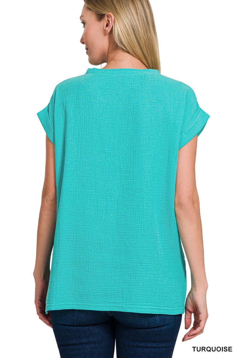 Round Neck Folded Short Sleeve Top