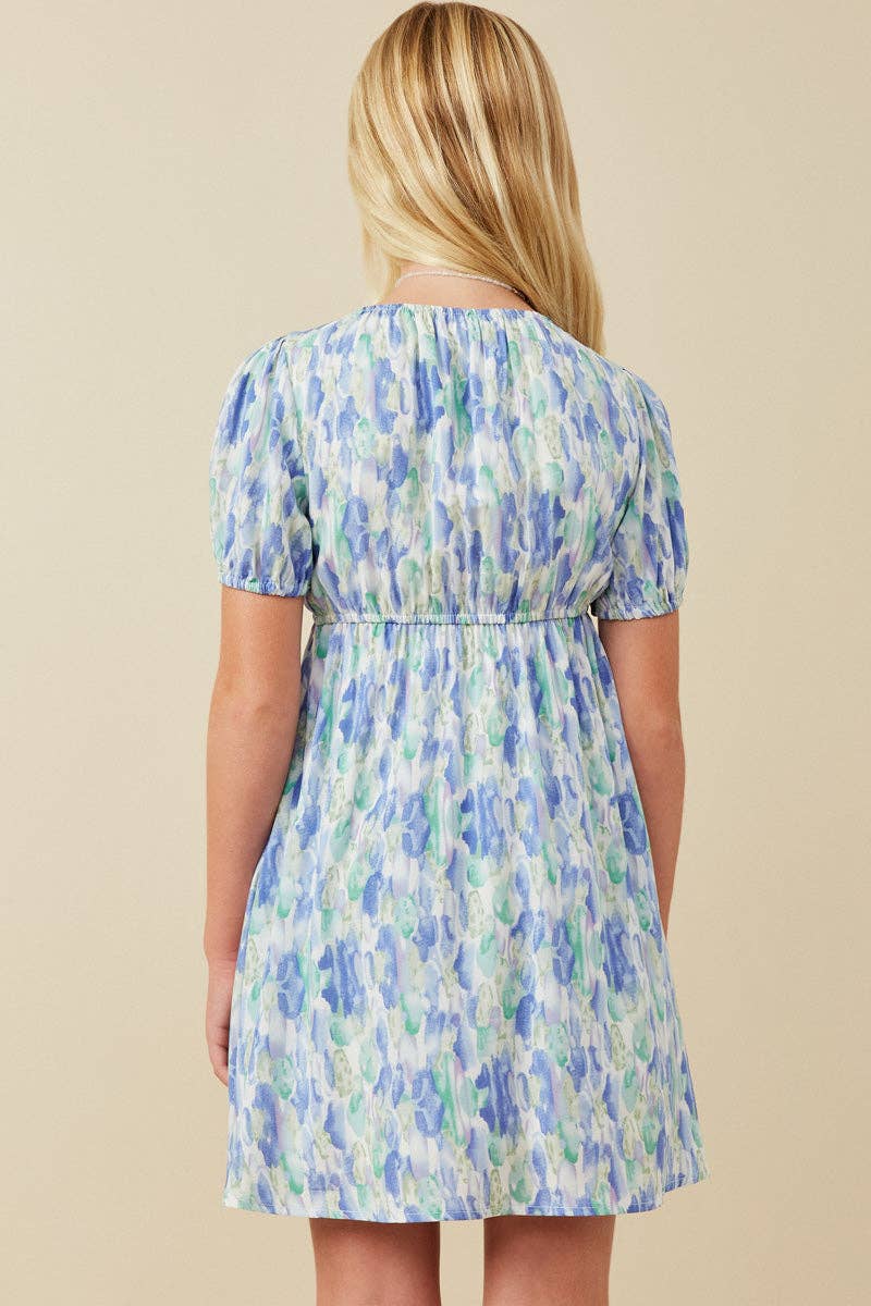 Girls Watercolor Floral Puff Sleeve Dress