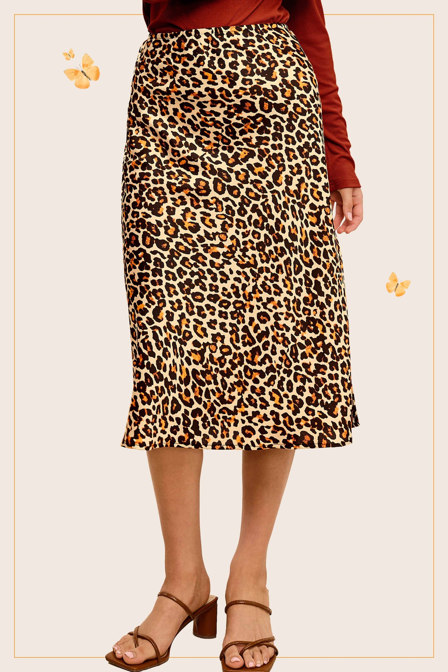 High-Waisted Midi Length Satin Effect Leopard Skirt