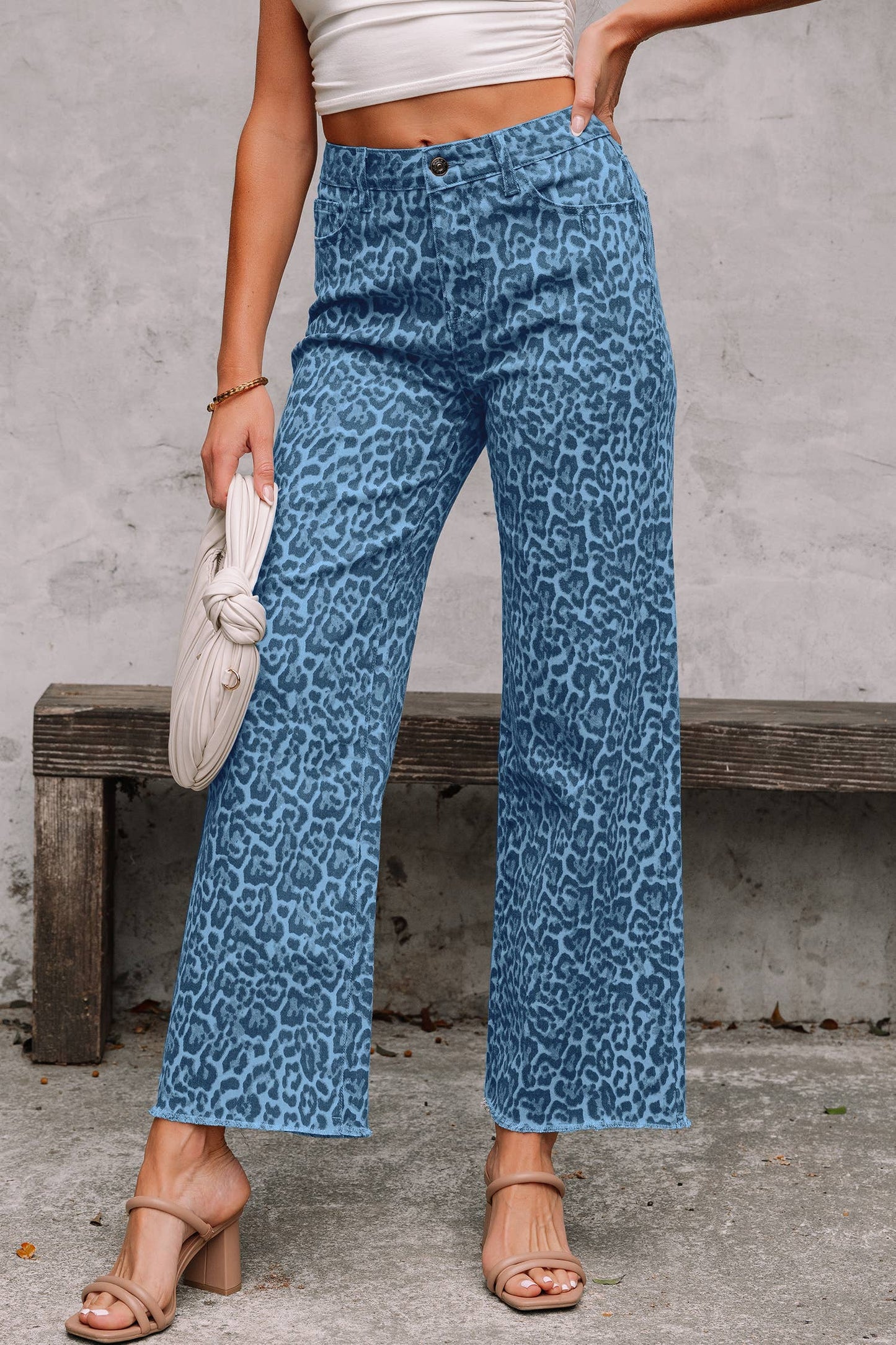 LAS Leopard Frayed Edge Wide Leg High Waist Jeans (4-16)