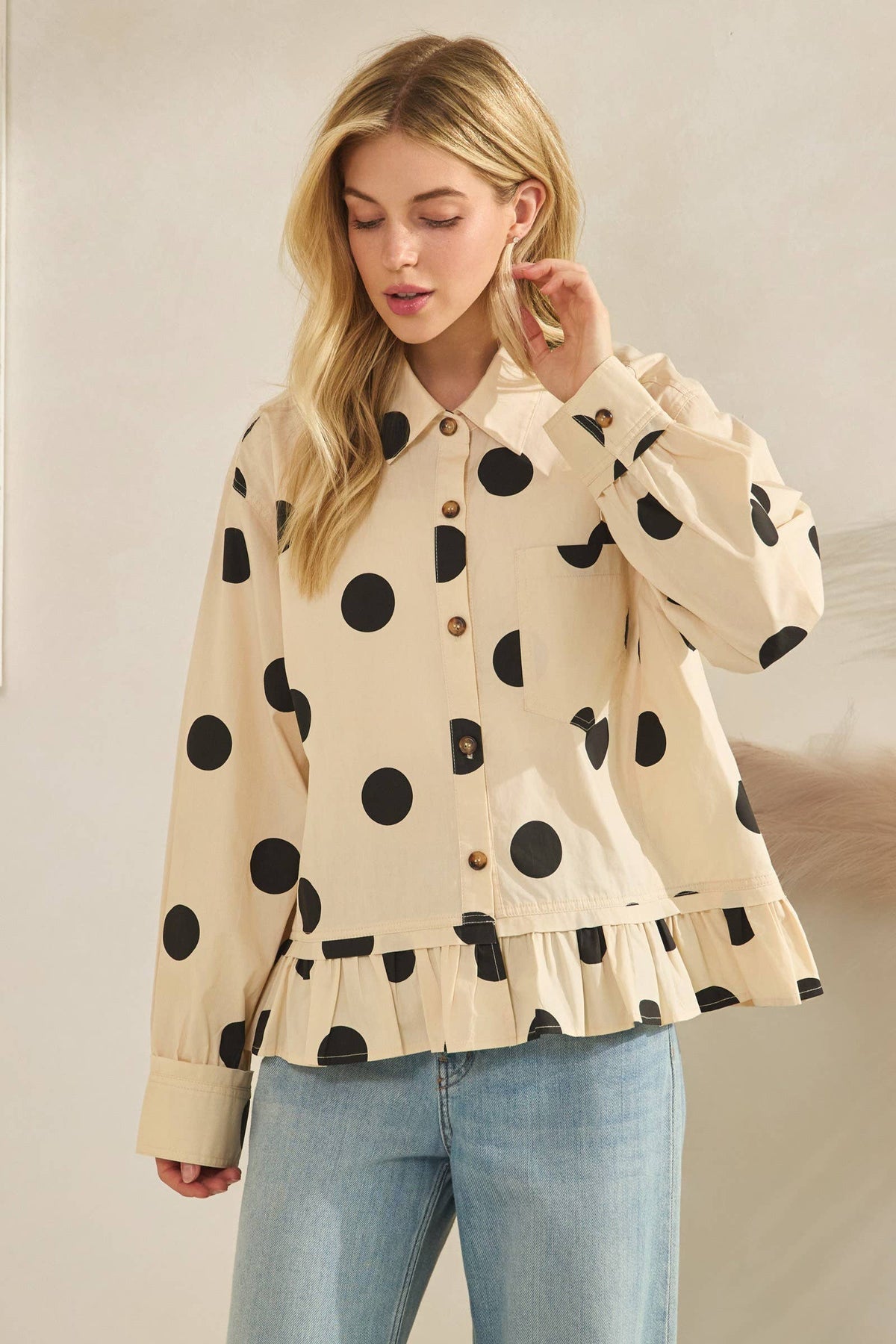 Polka Dot Ruffle Hem Long Sleeve Shirt