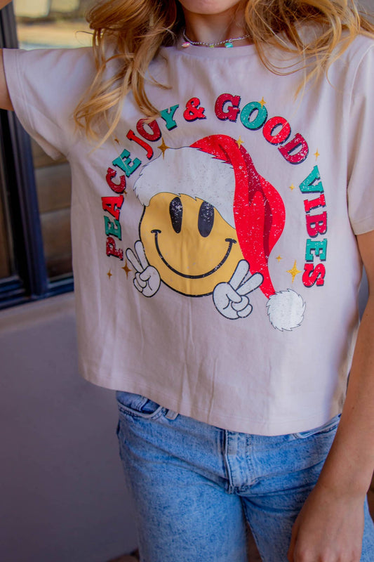 Peace joy and good vibes glitter graphic tee